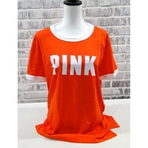 Victorias Secret PINK Logo Crew Neck Campus Ringer Tee T-Shirt Medium Orange NWT